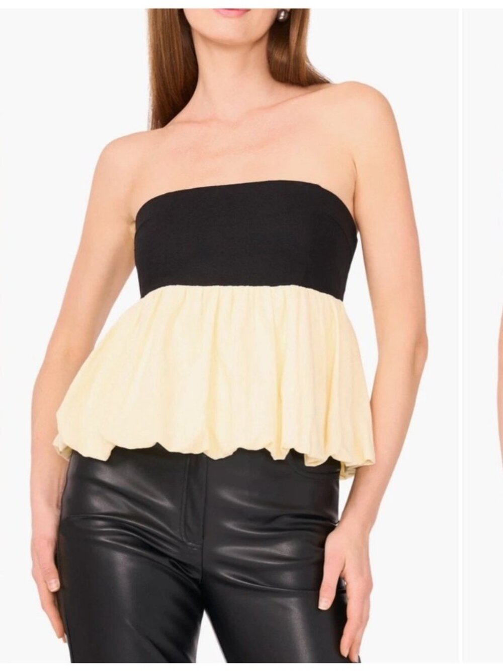 Parker Leia Strapless Bubble Hem Peplum Top Medium Black Ivory Linen